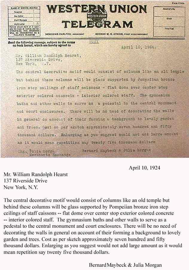 April 10, 1924 telegram to William Randolph Hearst from architects Bernard Maybeck and Julia Morgan