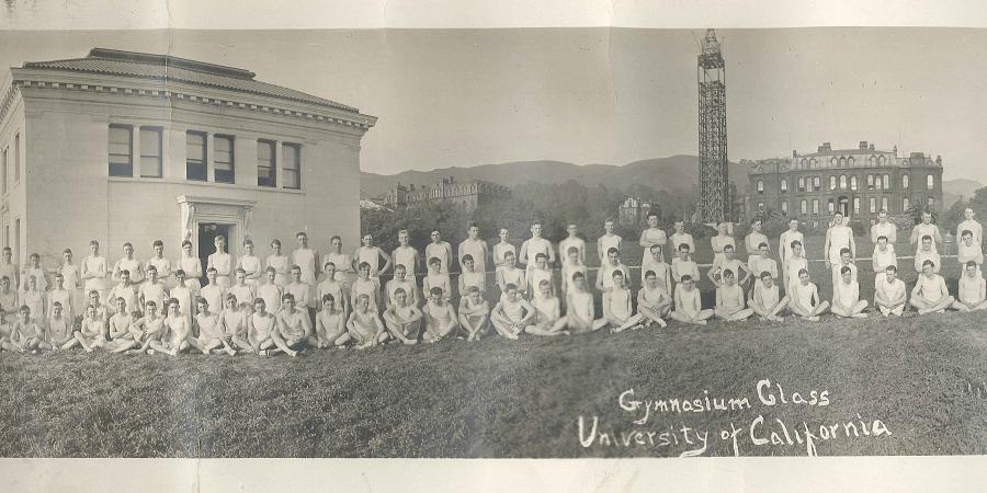 Men’s Gym Class circa 1911 in front of South Hall during the construction of the Campanile (Sather Tower)