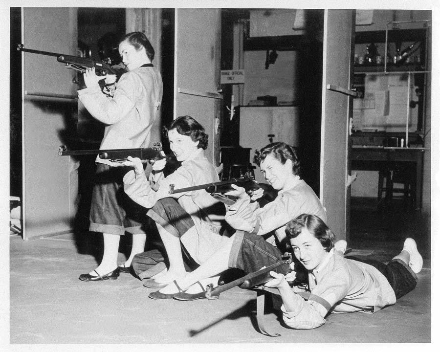 Riflery in Hearst Gym Basement. Late 1940’s or early 1950’s.The rifle range was converted in the 1980’s to the Undergraduate Anthropology Laboratories
